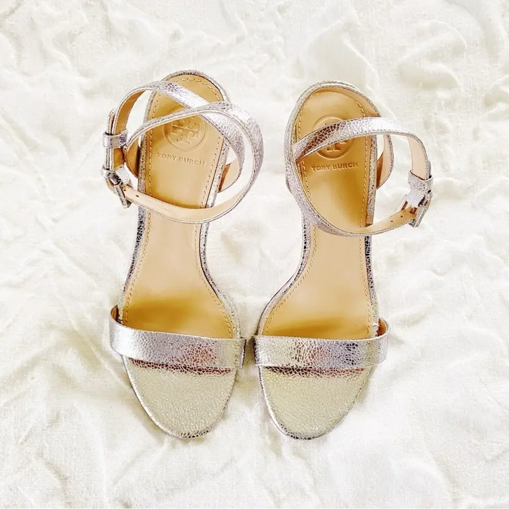Tory Burch Elana Silver AnkleWrap Heels Size 5.5